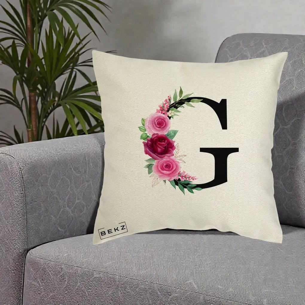 Cadou Personalizat - Perna Personalizata Monograma Florala Litera G, 40x40 cm, Ecru, Husa Detasabila, Perna Inclusa, BEKZ®