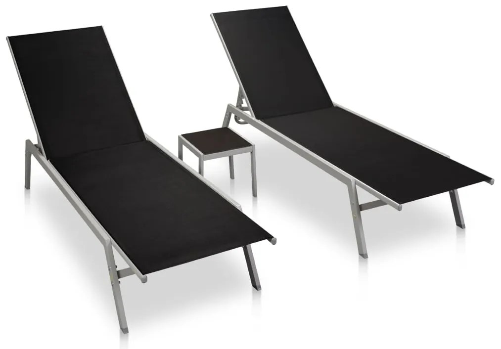 Sezlonguri de plaja cu masa, 2 buc., negru, otel & textilena