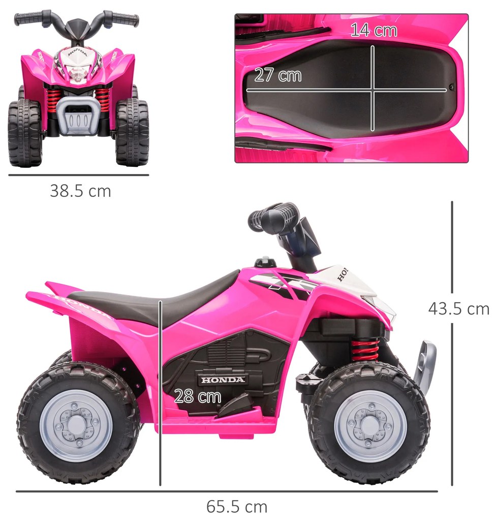 AIYAPLAY ATV Electric, Mini Motocicletă pentru Copii 18-36 Luni cu Lumini LED, Claxon și Pedale, 65,5x38,5x43,5 cm, Roz | Aosom Romania