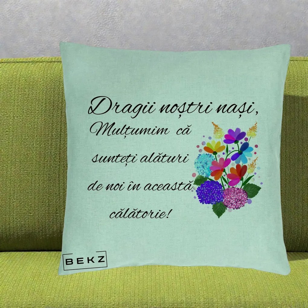 Perna personalizata nasi: Dragii nostri nasi, multumim, buchet colorat, 40x40 cm cu Umplutura, Verde Menta, BEKZ