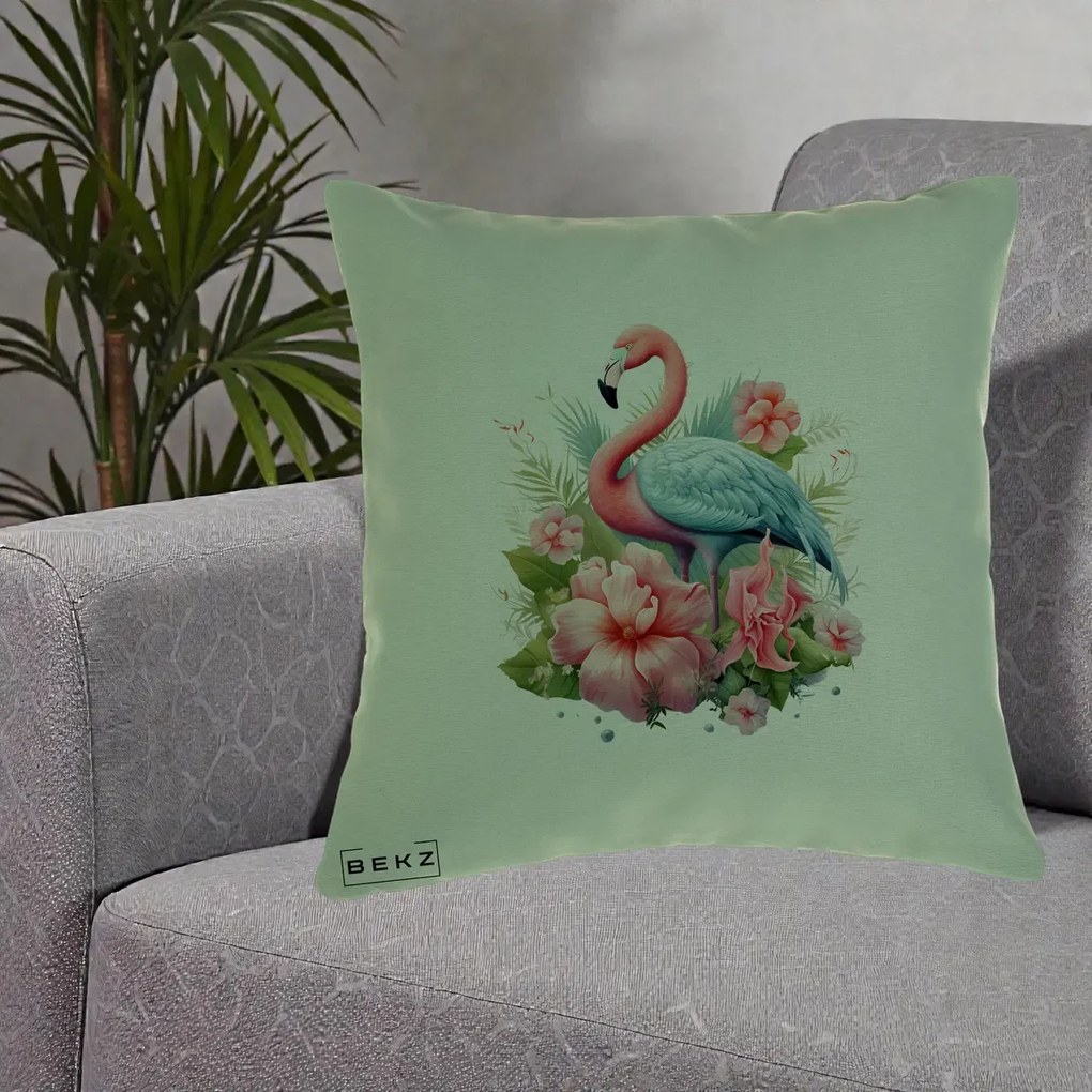 Perna Decorativa Flamingo cu Hibiscus Tropical, 40x40 cm, Verde, Husa Detasabila, Perna Inclusa, BEKZ®