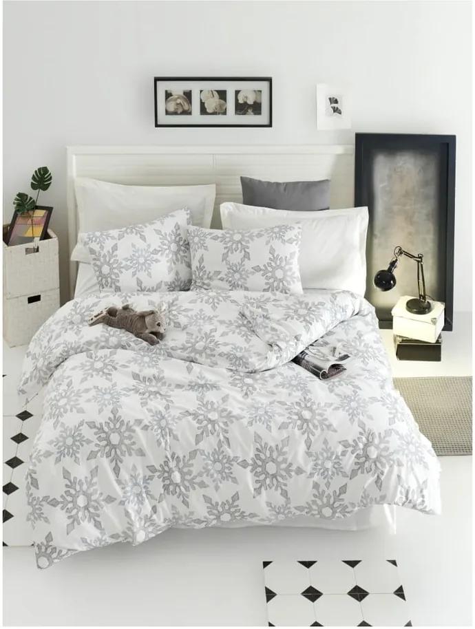 Lenjerie de pat cu cearșaf din bumbac ranforce, pentru pat dublu Mijolnir Irene White, 200 x 220 cm