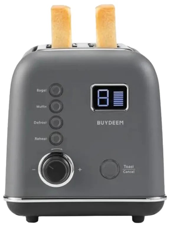 Prajitor de paine BUYDEEM DT730E, 900W, 2 felii, 9 programe automate, 9 treptede prajire, Carcasa din otel inoxidabil, Afisaj LCD, Indicatori LED, Auto-centrare, Timer, Gri