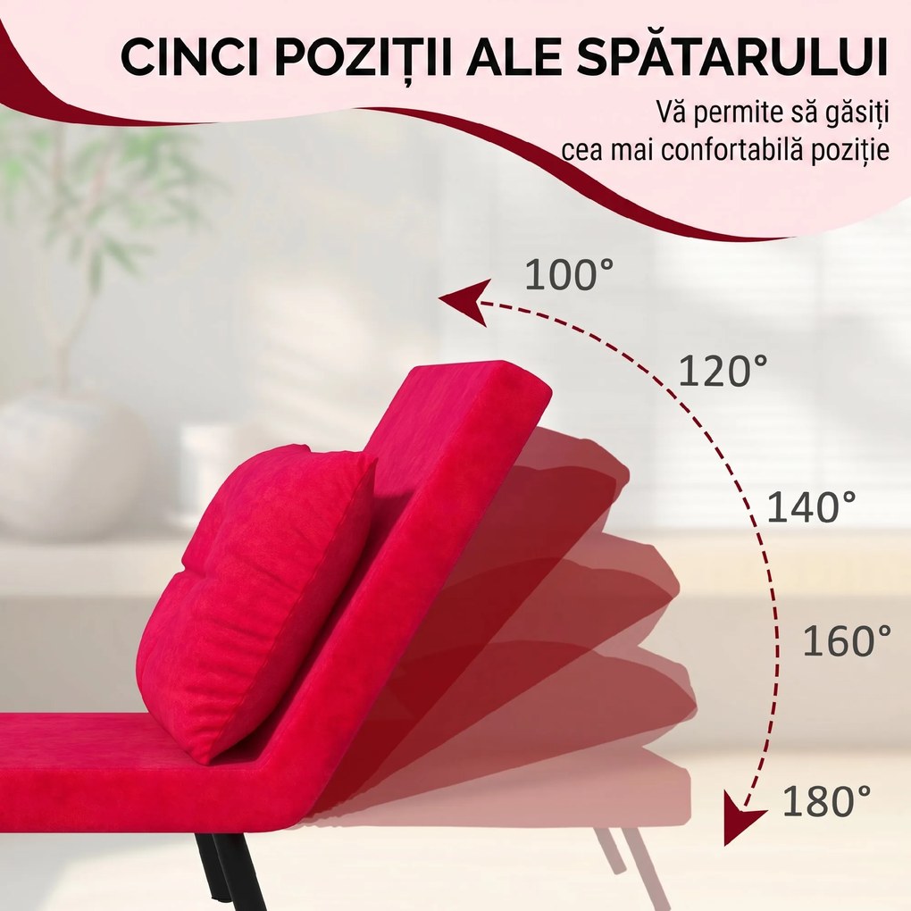 HOMCOM Canapea Extensibilă cu Spătar Reglabil pe 5 Nivele, Canapea Pat Individuală Pliabilă cu Perne, 63x73x81 cm, Roșu | Aosom Romania