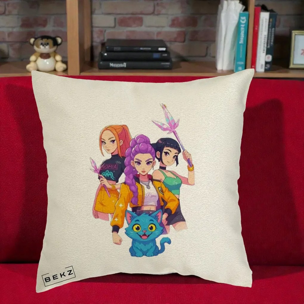 Perna Personalizata K-pop HUNTRX Trio cu Pisica si Cristale, 40x40 cm, Ecru, Husa Detasabila, Perna Inclusa, BEKZ®