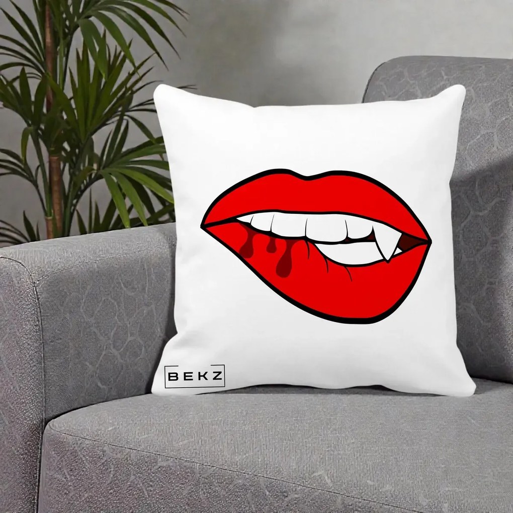 Perna Decorativa Vampire Lips Halloween, 40x40 cm, Alba Mata, Husa Detasabila, Perna Inclusa, BEKZ®