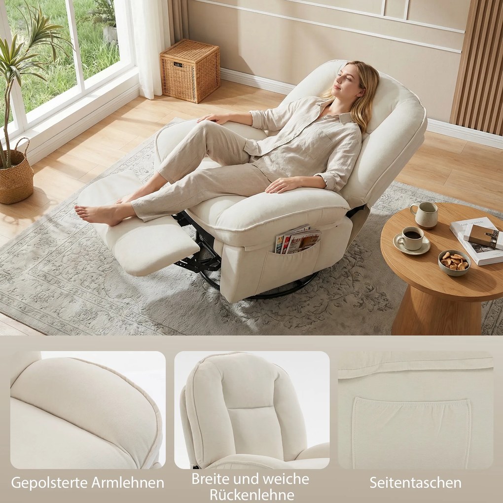 HOMCOM Fotoliu recliner, fotoliu rotativ cu funcție de balans și șezlong, șezut adânc, pernuță spate groasă, montaj ușor, crem | Aosom Romania