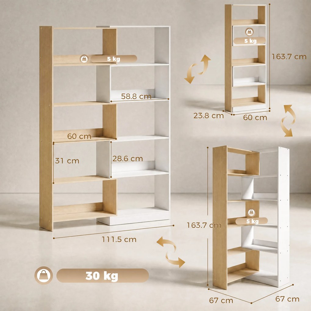 HOMCOM Bibliotecă de Colț cu 5 Polițe, Design Rotativ 350°, Lemn/Alb | Aosom Romania