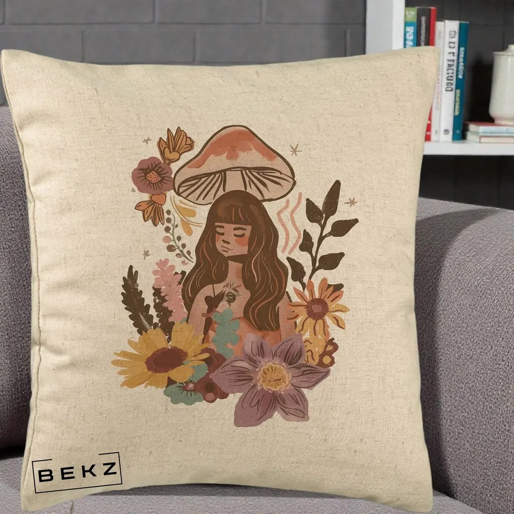 Perna Decorativa Fata Ciuperca Boho Florala, 40x40 cm, Bej, Husa Detasabila, Perna Inclusa, BEKZ®