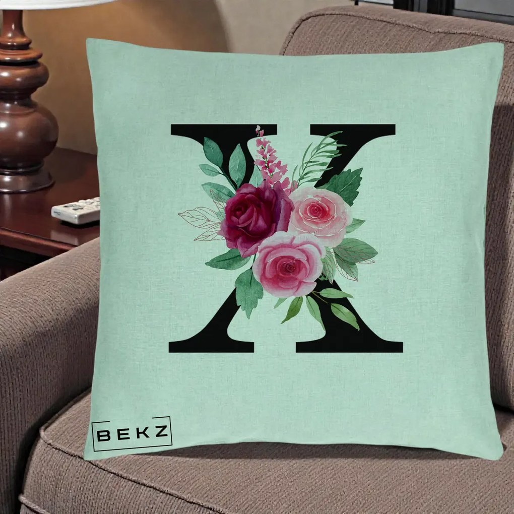 Cadou Personalizat - Perna Personalizata Monograma Florala Litera X cu Buchet, 40x40 cm, Verde Menta, Husa Detasabila, Perna Inclusa, BEKZ®