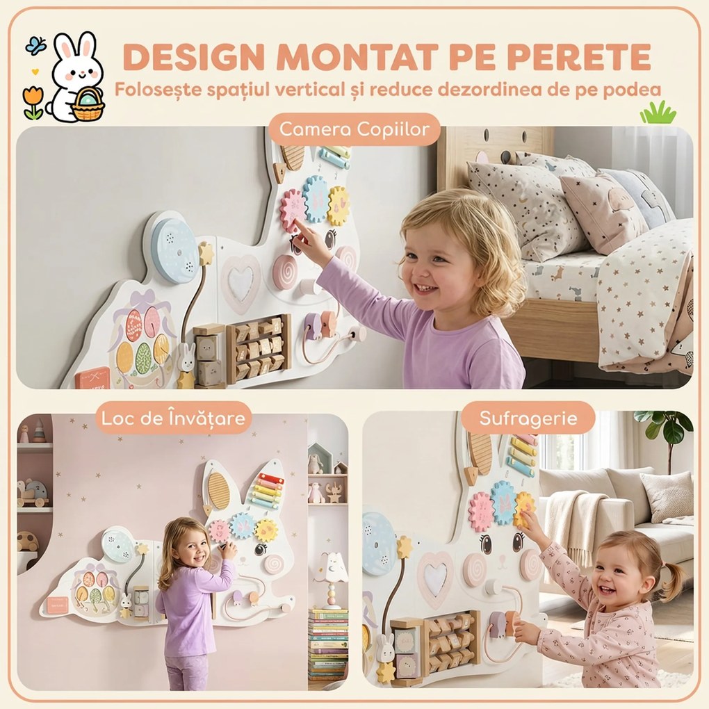 AIYAPLAY Busy Board Montessori de Perete din Lemn pentru Copii 1,5-6 Ani, Tematică Iepuraș de Paște, Alb | Aosom Romania