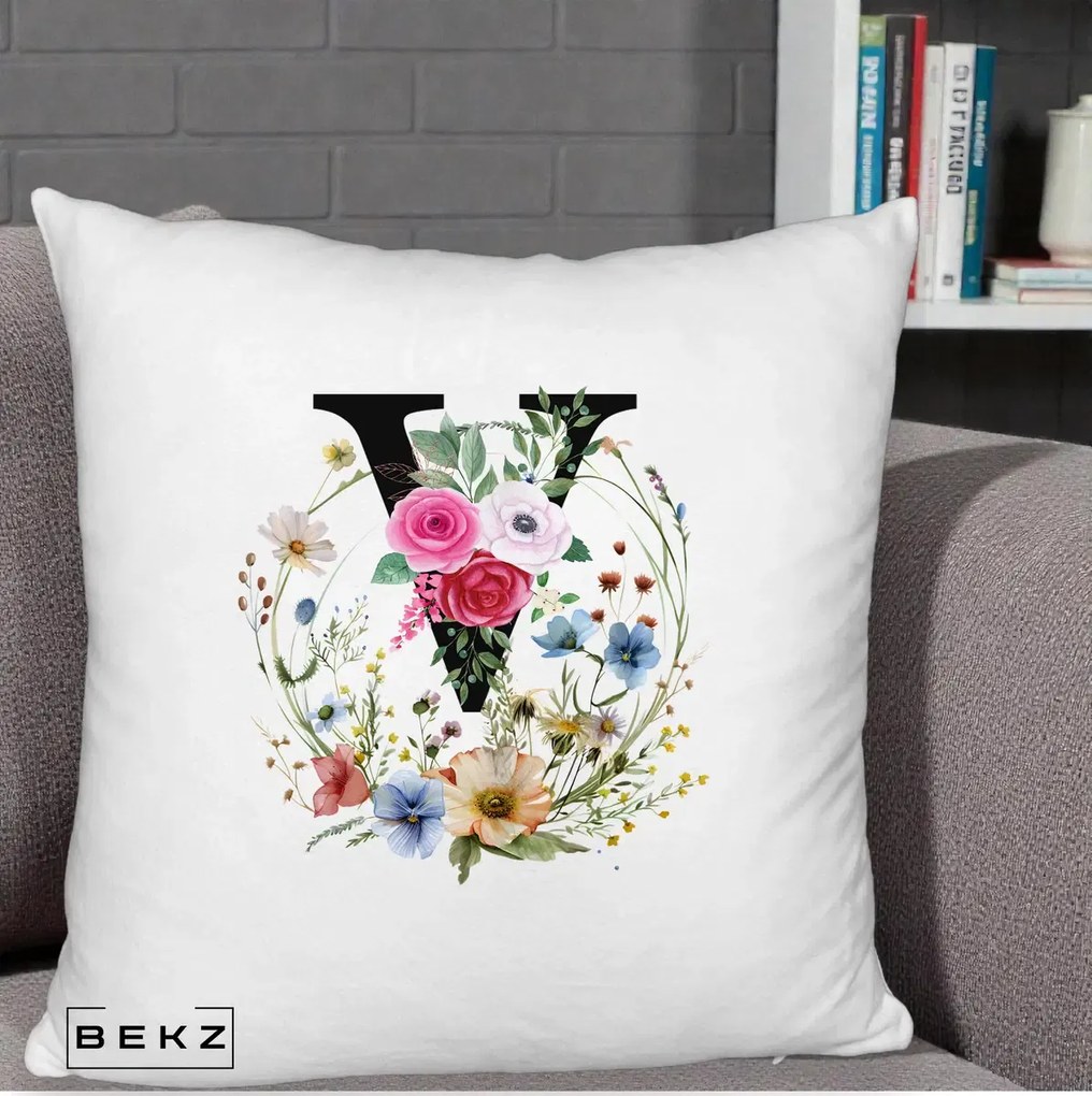 Cadou Personalizat - Perna Personalizata Monograma Florala Litera V cu Coroana, 40x40 cm, Alb Pufos, Husa Detasabila, Perna Inclusa, BEKZ®