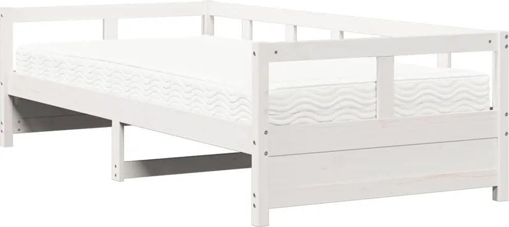 vidaXL Pat de zi cu saltea, alb, 90x200 cm, lemn masiv pin