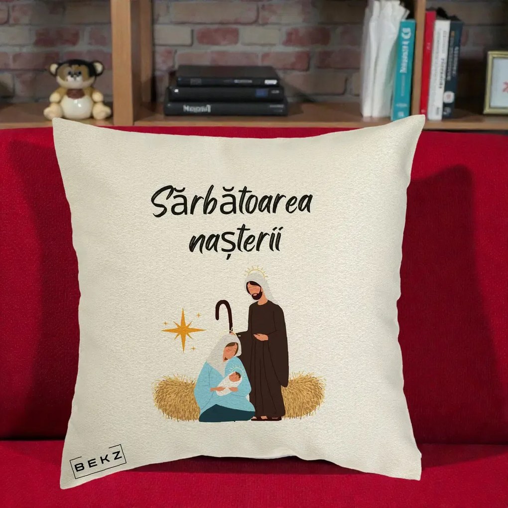 Perna Decorativa Nasterea Domnului Sfanta Familie Sarbatoarea Nasterii, 40x40 cm, Ecru, Husa Detasabila, Perna Inclusa, BEKZ®