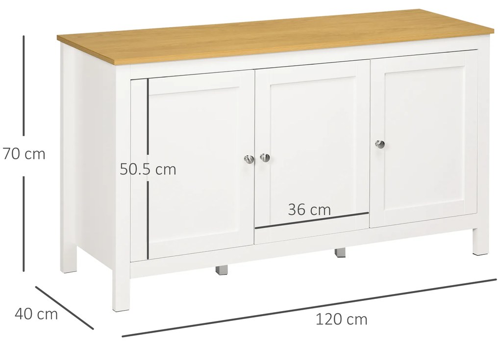 HOMCOM Credență de Bucătărie cu 3 Uși, Mobilier Modern de Bucătărie cu Raft Reglabil, Credență Tip Bufet pentru Sufragerie, Sala de Mese și Salon, 120x40x70 cm, Alb și Culoare Lemn | Aosom Romania