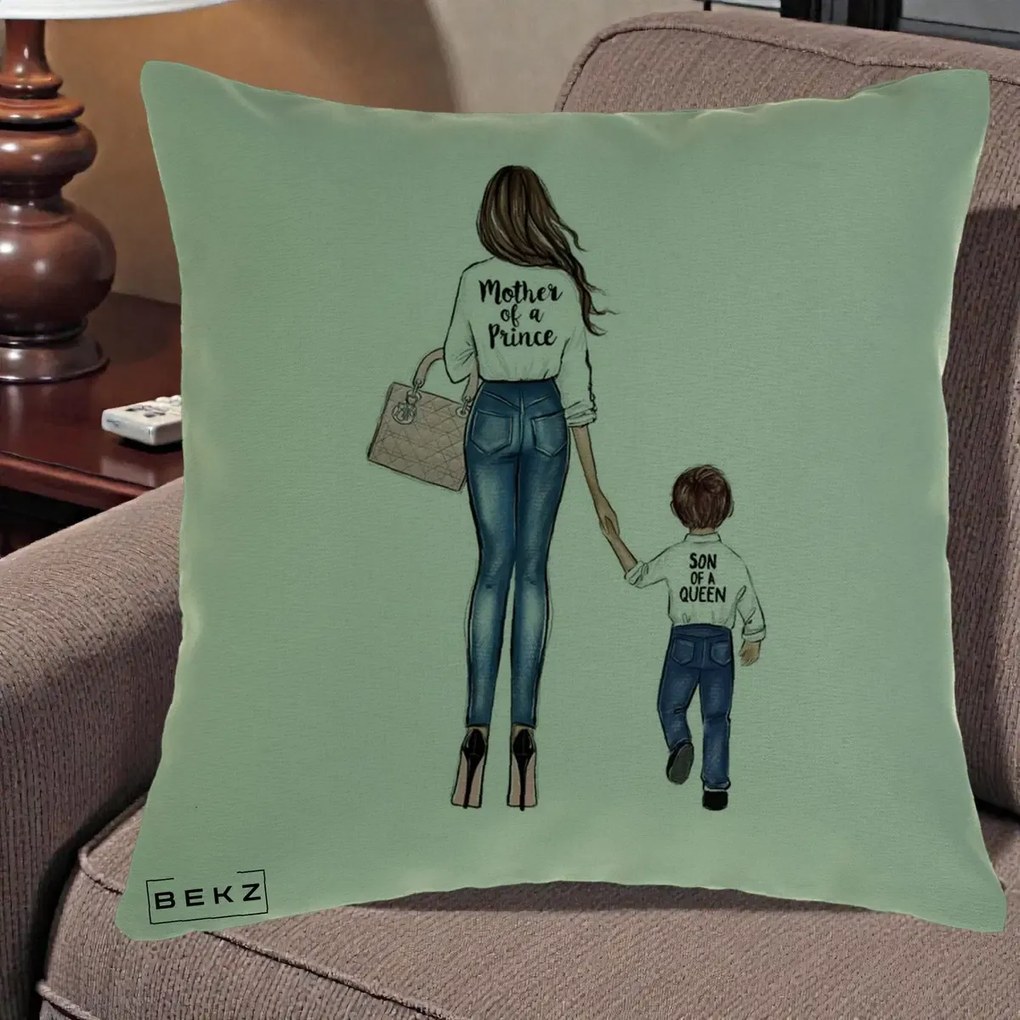 Cadou pentru Mama - Perna Personalizata, Model Mother of a Prince, 40x40 cm, Verde, Husa Detasabila, Perna Inclusa, BEKZ®