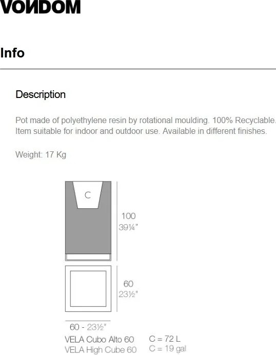 Ghiveci plante, flori design decorativ modern pentru amenajari interioare si exterioare, VELA HIGH CUBE 54036R Vondom