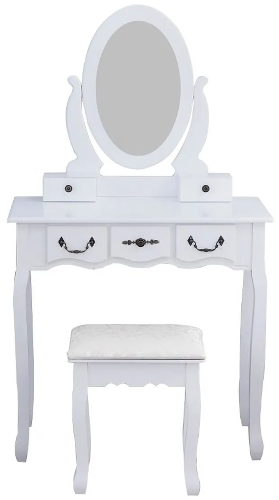 Set Otilia, Masă de toaletă pentru machiaj cu scaun, oglindă și 5 sertare, Alb,