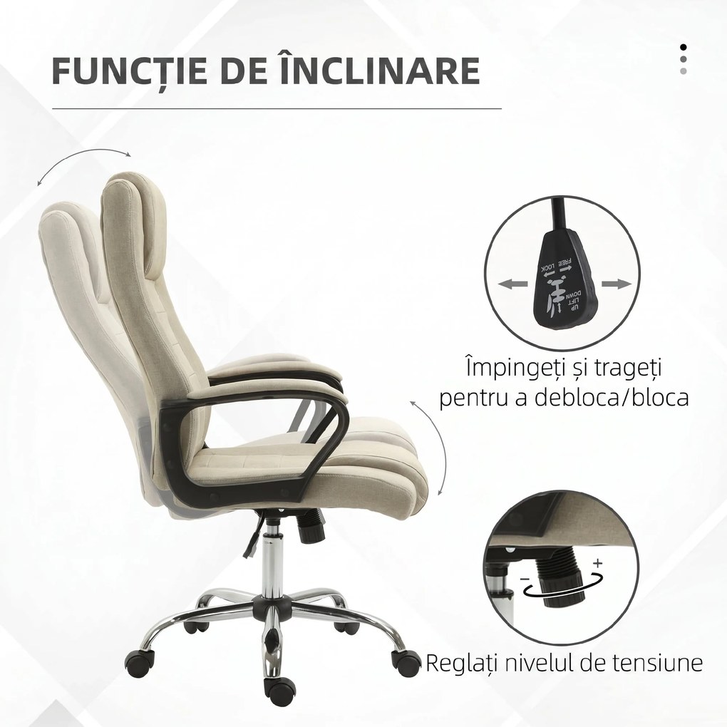 Vinsetto Scaun de Birou Ergonomic, Rotativ și Înclinabil, din Țesătură cu Aspect de In, cu Tetieră, Bej | Aosom Romania