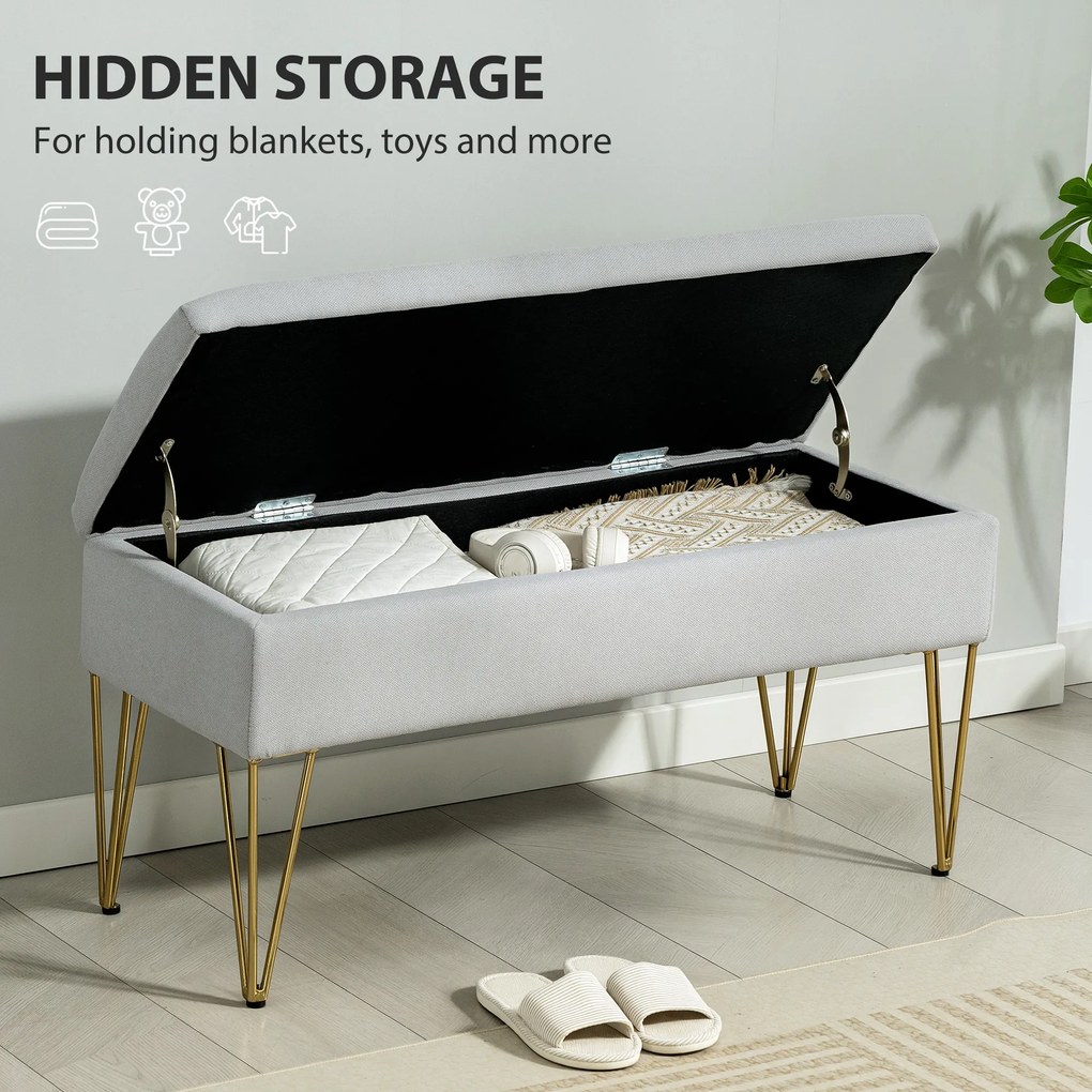 HOMCOM Bancă cu Depozitare din Material Textil și Picioare din Oțel, 100x40x49 cm, Gri Deschis | Aosom Romania