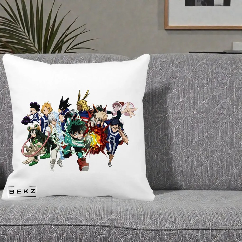 Perna Personalizata My Hero Academia Clasa 1-A Complet, 40x40 cm, Alba Mata, Husa Detasabila, Perna Inclusa, BEKZ®