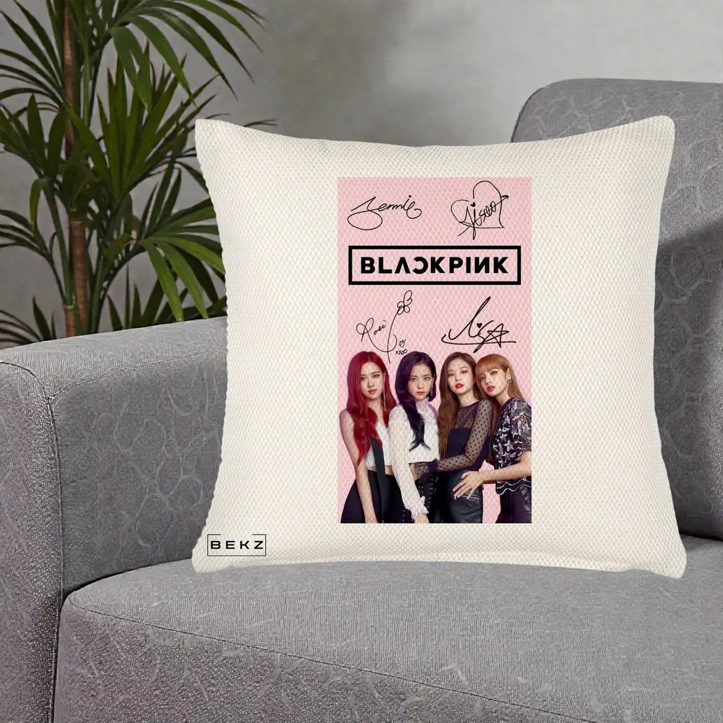 Perna Personalizata K-pop BLACKPINK Semnaturi si Foto, 40x40 cm, Crem Reliefat, Husa Detasabila, Perna Inclusa, BEKZ®