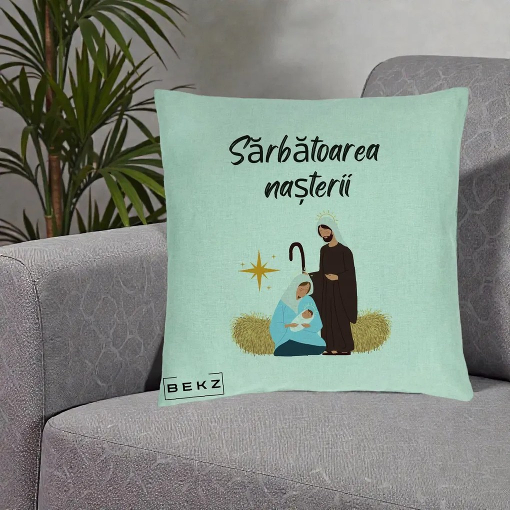 Perna Decorativa Nasterea Domnului Sfanta Familie Sarbatoarea Nasterii, 40x40 cm, Verde Menta, Husa Detasabila, Perna Inclusa, BEKZ®