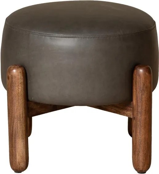 Taburet din piele naturală gri, cu cadru din lemn de acacia și mango, formă rotundă, finisaj natural, 43×56 cm, „Olga"