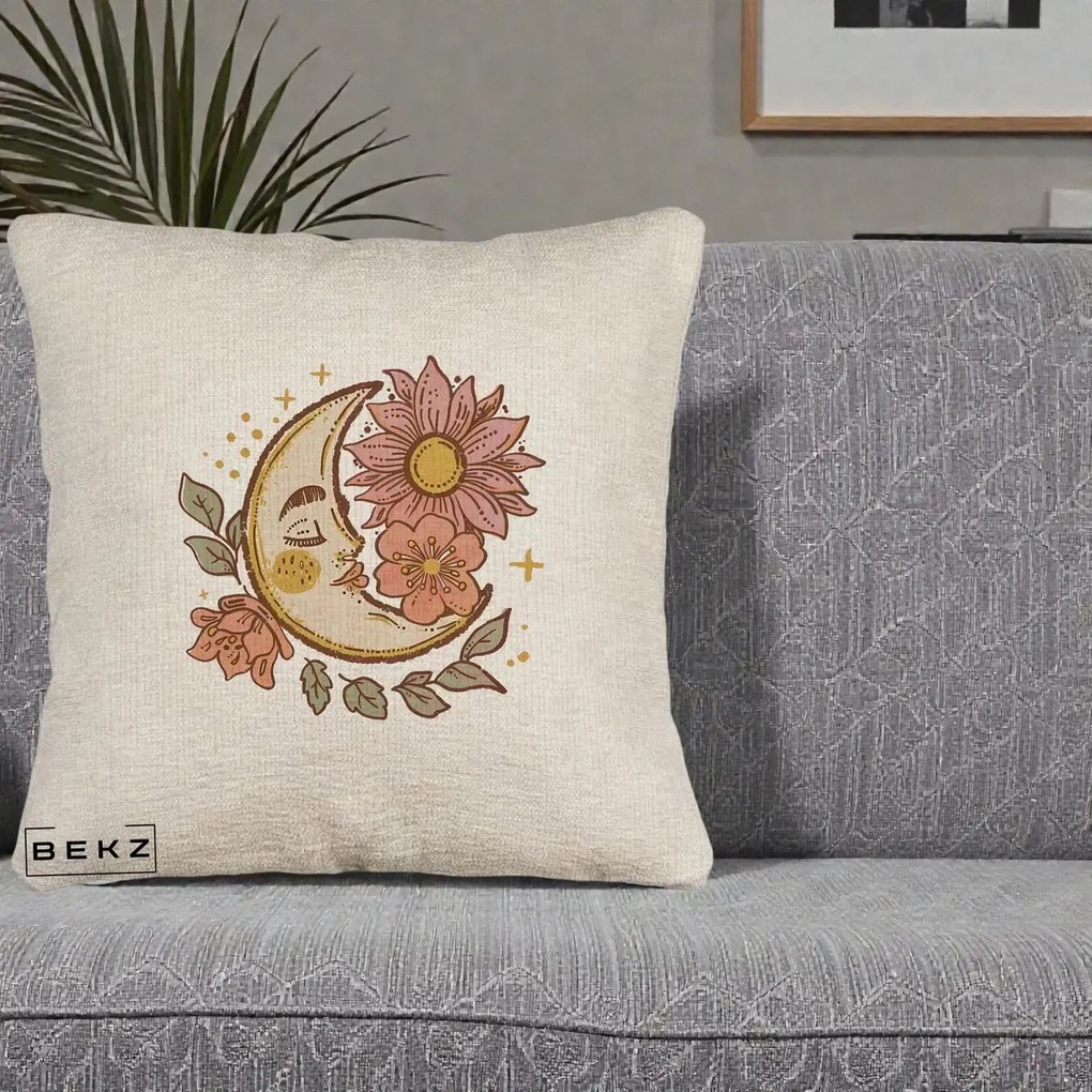 Perna Personalizata Luna Boho Chip Floral, 40x40 cm, Bej Canapea, Husa Detasabila, Perna Inclusa, BEKZ®