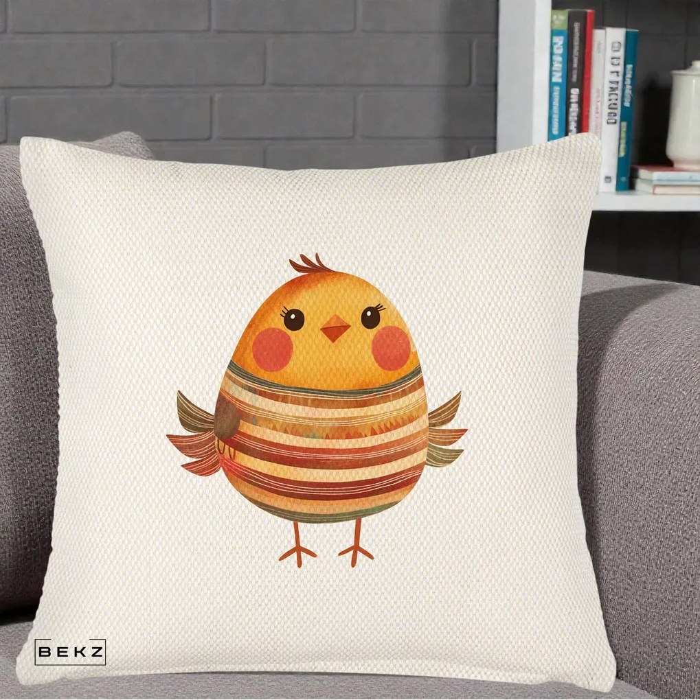 Perna Decorativa Pui Kawaii Portocaliu Dungi Calde, 40x40 cm, Crem Reliefat, Husa Detasabila, Perna Inclusa, BEKZ®