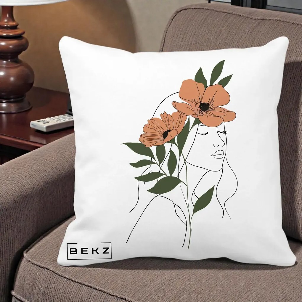 Perna Decorativa Portret Feminin Doua Maci Terracotta, 40x40 cm, Alba Mata, Husa Detasabila, Perna Inclusa, BEKZ®