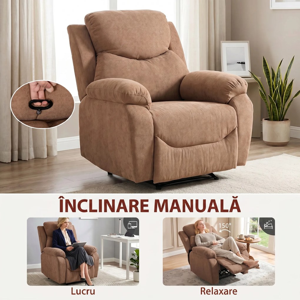 HOMCOM Fotoliu Reclinabil Manual cu Material cu Aspect de In, Suport pentru Picioare și Cotiere Căptușite, Maro Închis | Aosom Romania