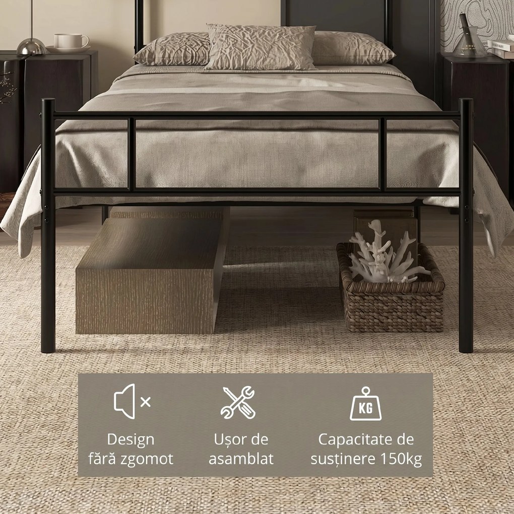 Structura Pat HOMCOM, 1 loc din Otel 900x200cm, Sipci Integrate, Tetiera si Tablie, Negru | Aosom Romania