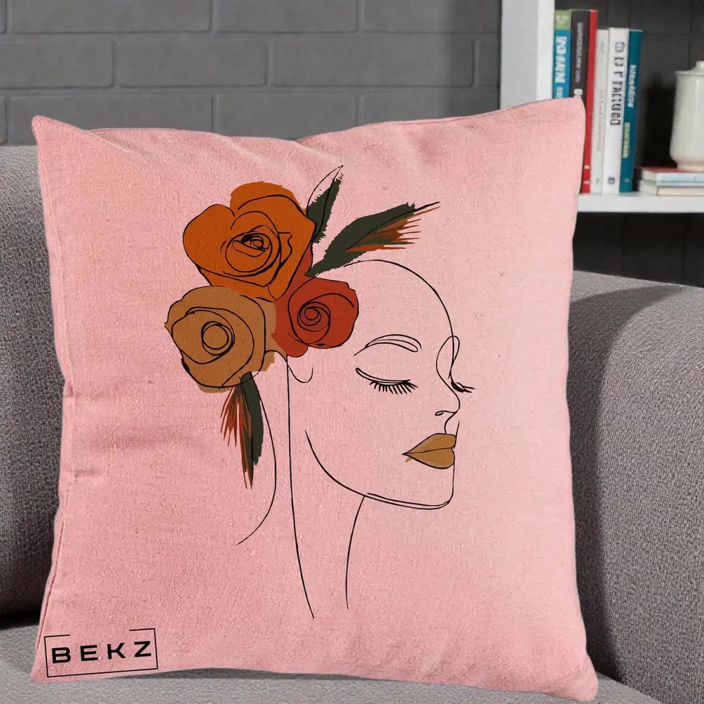 Perna Decorativa Portret Feminin Trandafiri Ruginii, 40x40 cm, Roz, Husa Detasabila, Perna Inclusa, BEKZ®