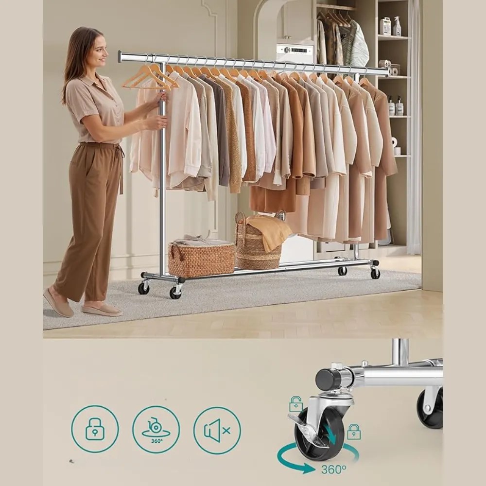 Umeraș pentru haine DOLLY pe roți, max. 150 kg, 45x160-200x161,5cm, argintiu SongmicsHome