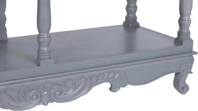 Consolă hol în stil French Country, din lemn de paulownia, gri, cu 2 sertare, 2 rafturi și bază sculptată, 89 x 117 x 39 cm, „Auria”