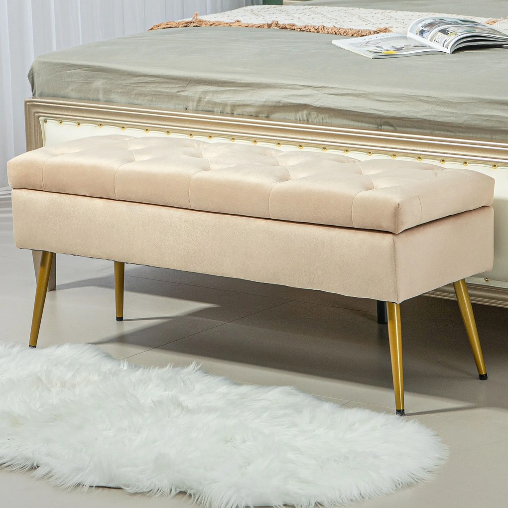 HOMCOM Bancă de depozitare în aspect de catifea, Hocker căptușit cu design căptușit, Cadru metalic, 102 x 35 x 43 cm, Bej | Aosom Romania