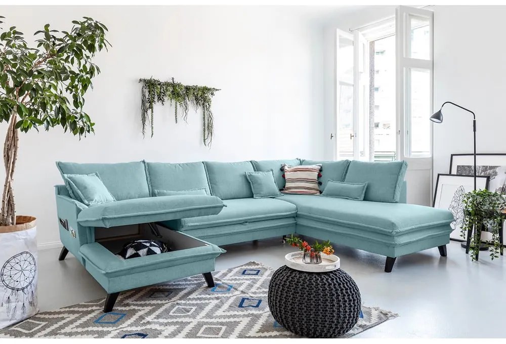 Canapea extensibilă în formă de „U” cu șezlong pe partea dreaptă Miuform Charming Charlie, albastru deschis