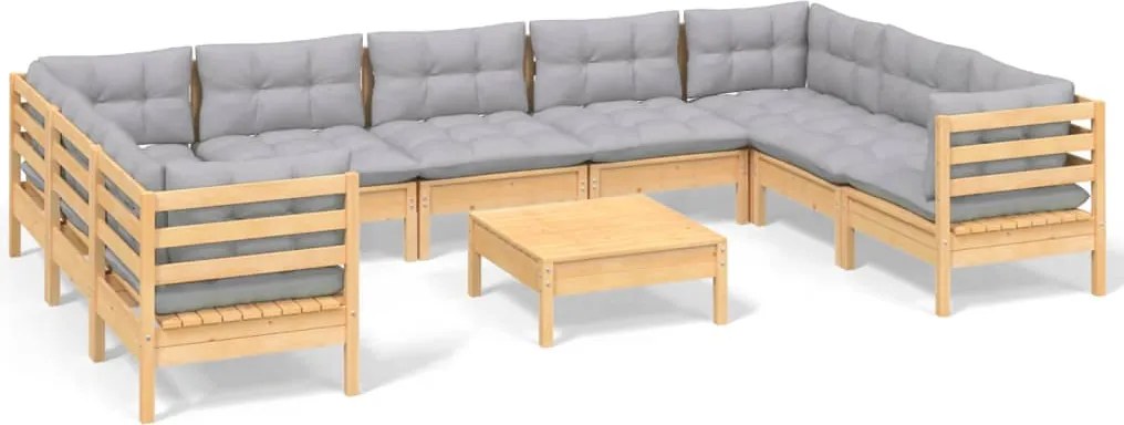 vidaXL Set mobilier de grădină cu perne gri 10 piese lemn masiv de pin