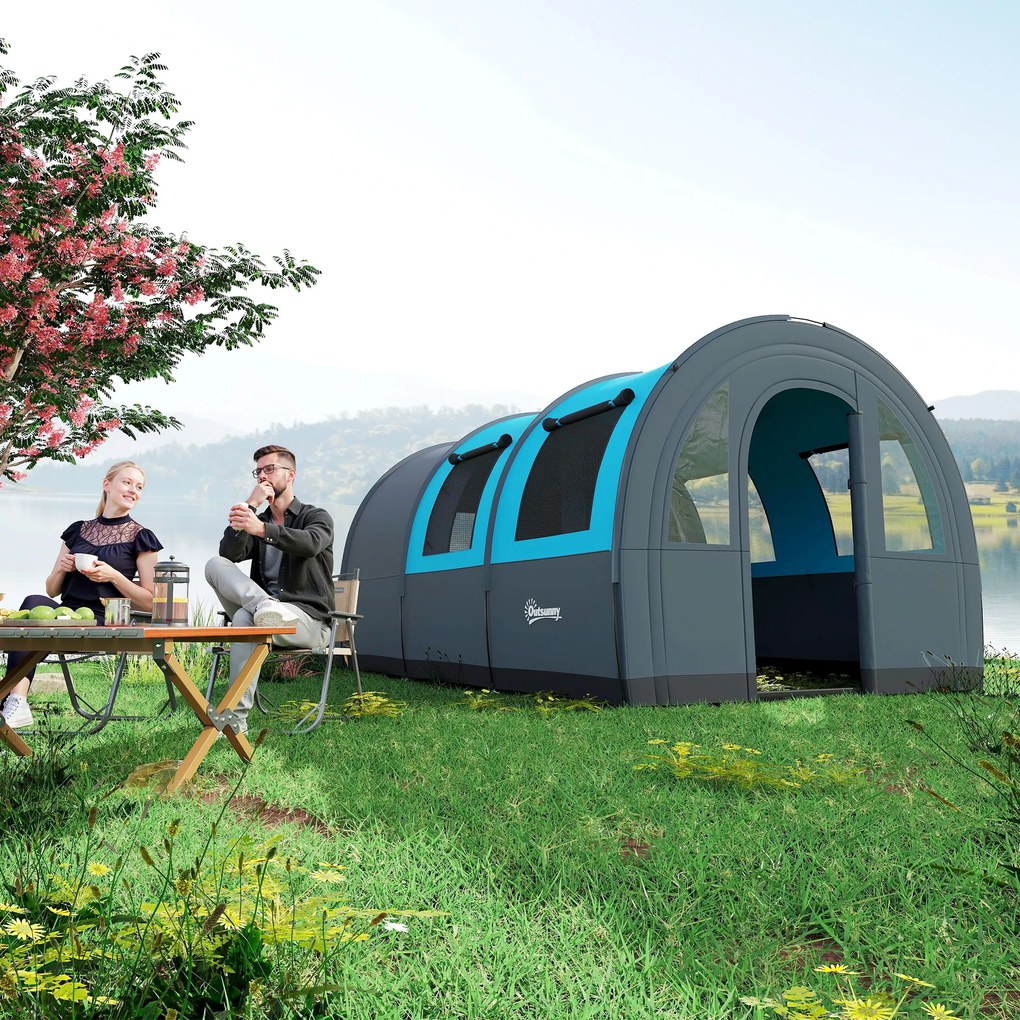 Outsunny Cort de Camping Impermeabil, Cort cu 5 Locuri, Zonă Separată de Dormit și Living, 480x260x200 cm, Gri și Albastru | Aosom Romania