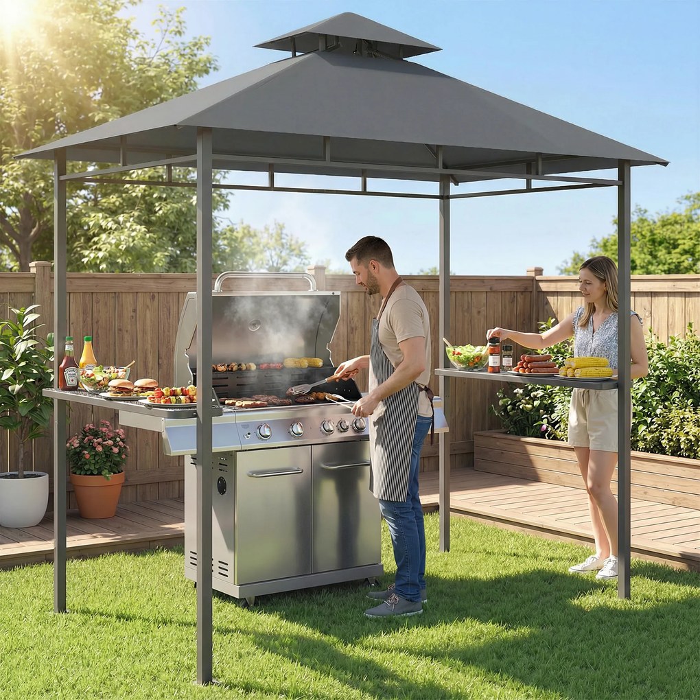 Outsunny Pavilion pentru grătar 2,4 x 1,4 m, Copertină pentru grătar rezistentă la vânt cu acoperiș dublu și orificiu de ventilare, rafturi laterale | Aosom Romania