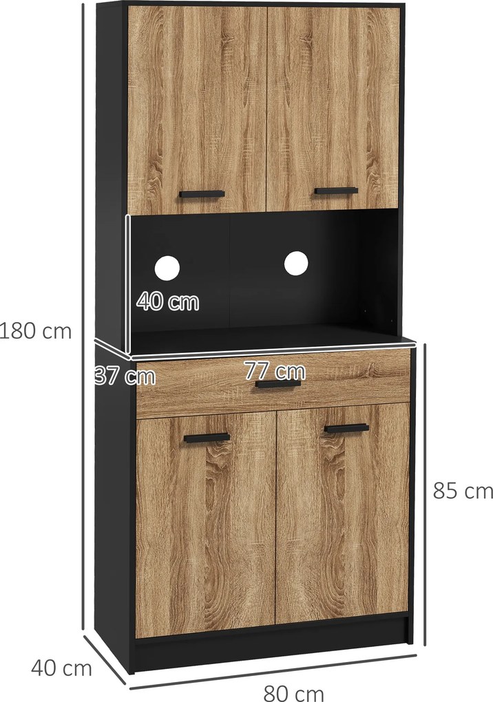 HOMCOM Dulap de bucătărie din lemn cu 2 dulapuri cu 2 uși și sertar, 80x40x180 cm, negru și culoare lemn | Aosom Romania