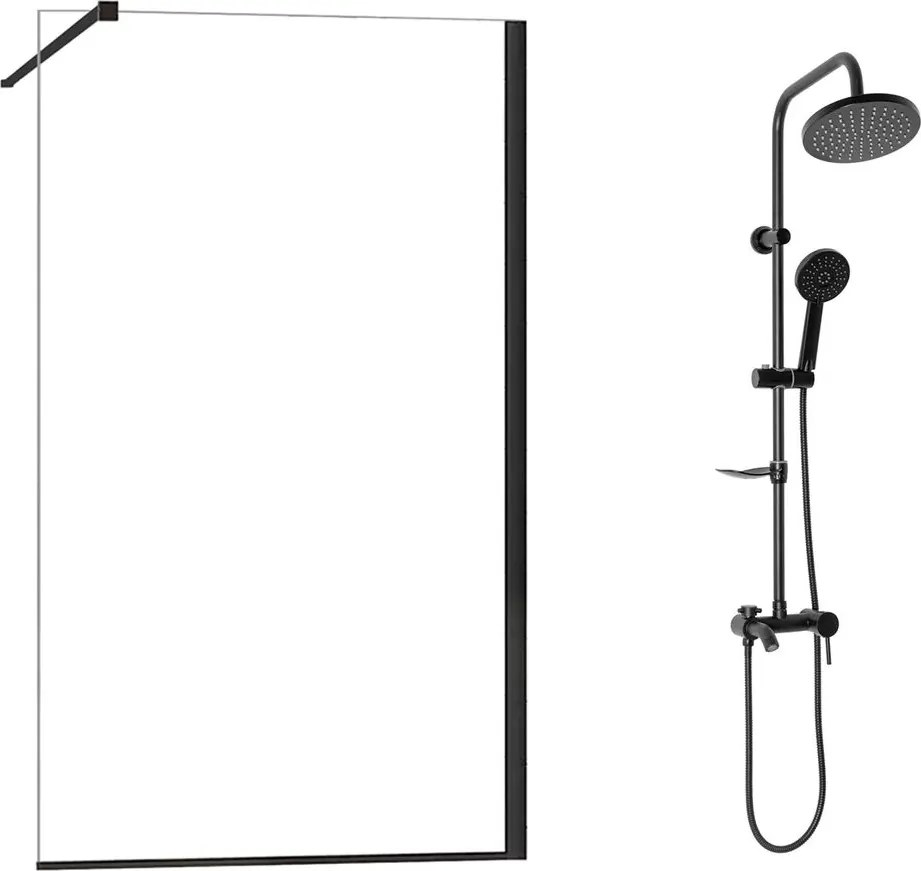 Pachet paravan dus Walk-In Fluminia Foxy negru 120x200 cm si coloana de dus Rea Luis negru