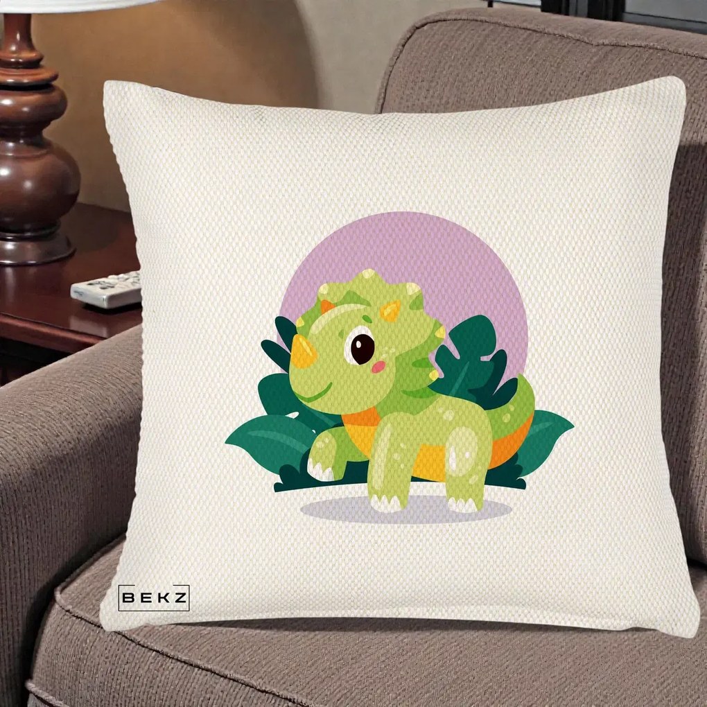 Perna Decorativa Triceratops Kawaii Verde, 40x40 cm, Crem Reliefat, Husa Detasabila, Perna Inclusa, BEKZ®