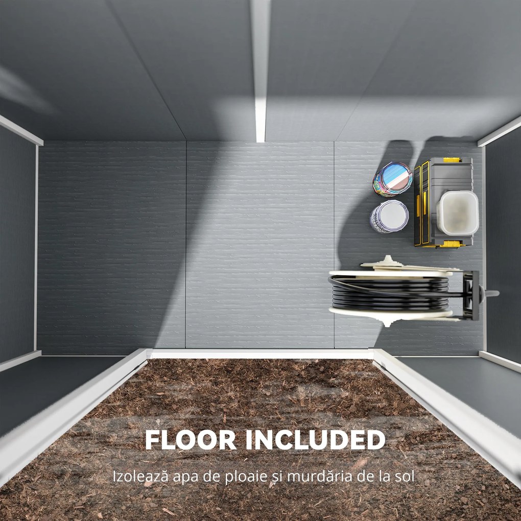 Outsunny Căsuță de Grădina pentru Unelte cu Podea, 2 Uși, Încuietoare și Acoperiș Înclinat, 238x125x183 cm, Gri | Aosom Romania