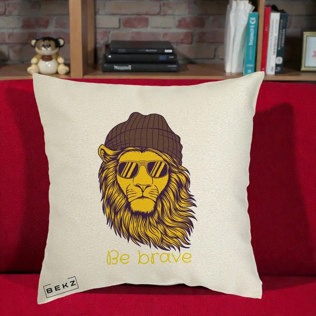 Perna Decorativa Leu Hipster Be Brave, 40x40 cm, Ecru, Husa Detasabila, Perna Inclusa, BEKZ®