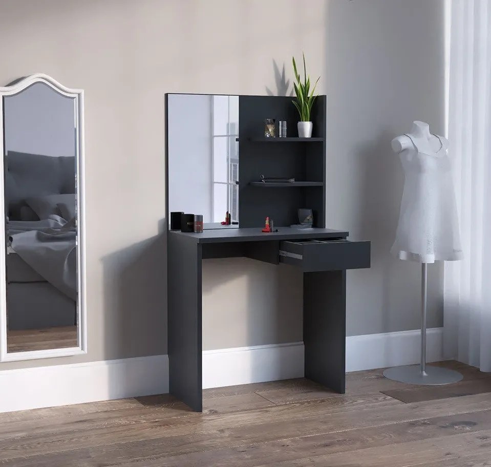 Masuta machiaj cu Oglinda LED si 1 Sertar pentru Cosmetice, Set Masa toaleta 75 cm, Negru, masuta cosmetica, vanity - SEN224