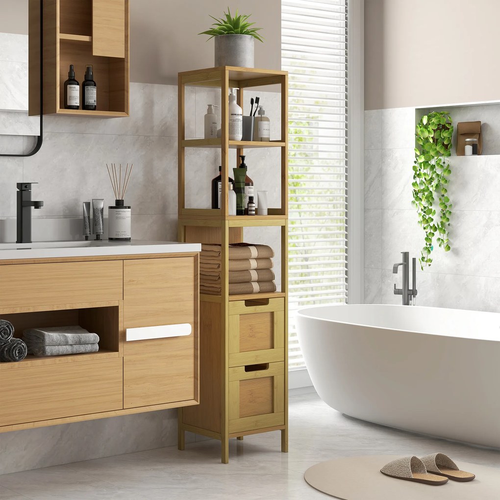 kleankin Dulap Baie Stil Natural dim. 30L x 30l x 144H cm 3 rafturi 2 sertare Bambus | Aosom Romania