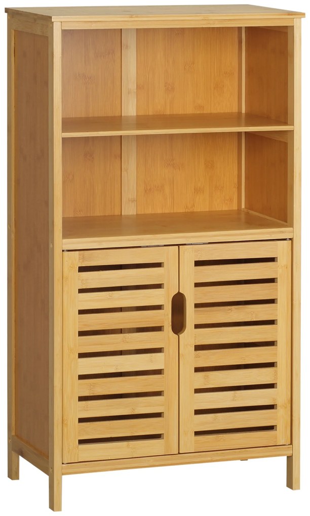 kleankin Mobile Bagno in Bambù, Mobiletto Bagno Salvaspazio con 2 Ante a Persiana e Ripiani Aperti, Armadietto da Terra per Sala da Pranzo, Salotto, Soggiorno, Cucina, 50x29x92 cm, Color Legno | Aosom Romania