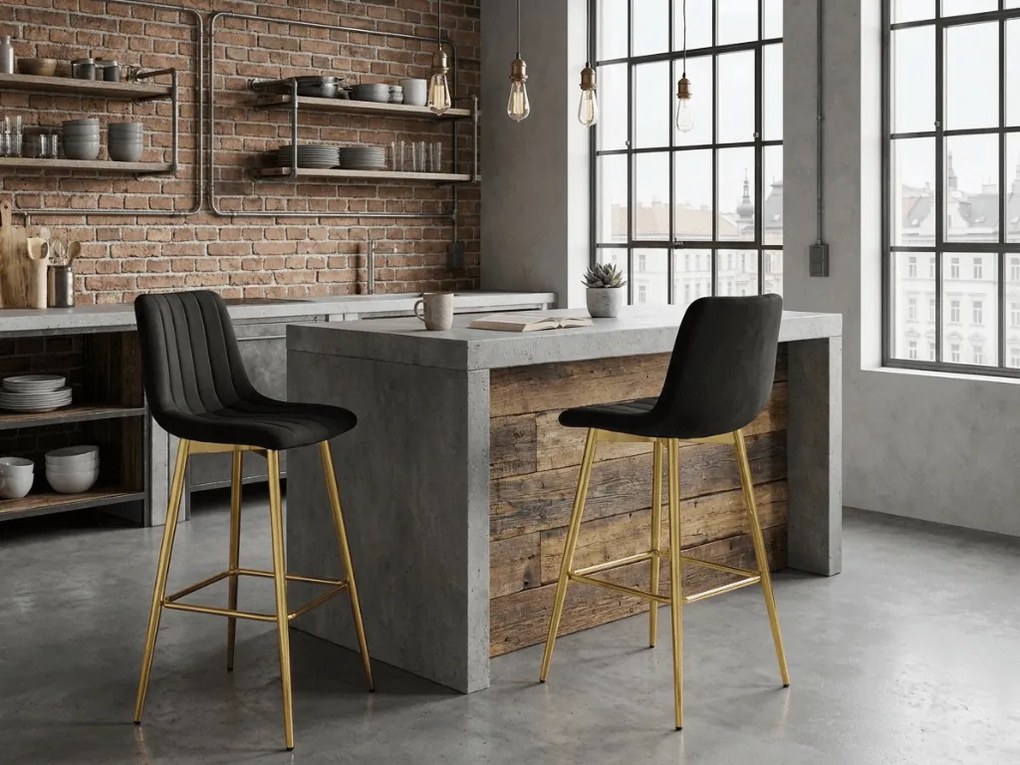 Scaun de bar POZZA VELVET cu picioare aurii, neagra